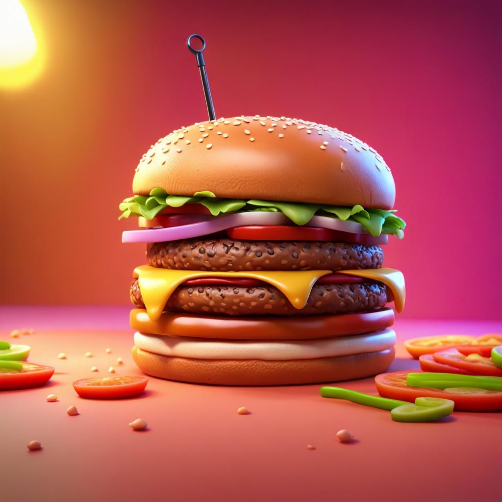 Happy Burger Character in Pixar Style 3D Art