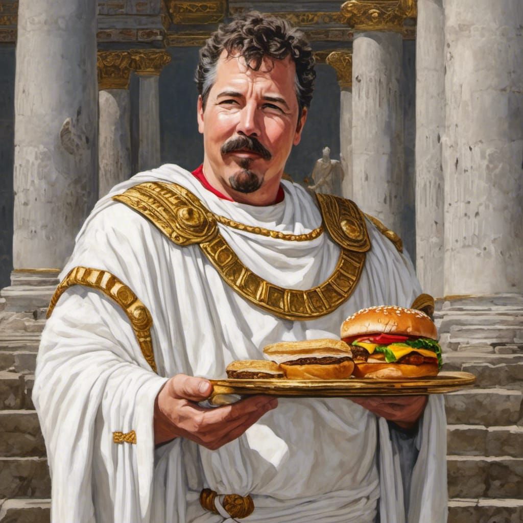 Angry Roman Emperor Caesar Eating a Hamburger