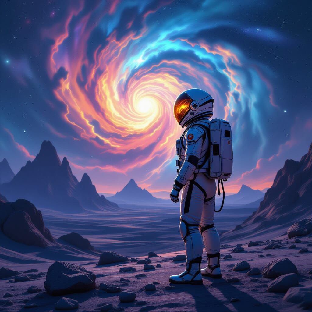 Astronaut Gazing at Nebula on Alien Planet