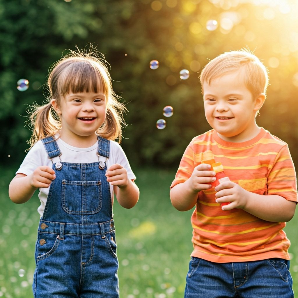 Children with Down Syndrome Laughing with Bubbles in Garden
