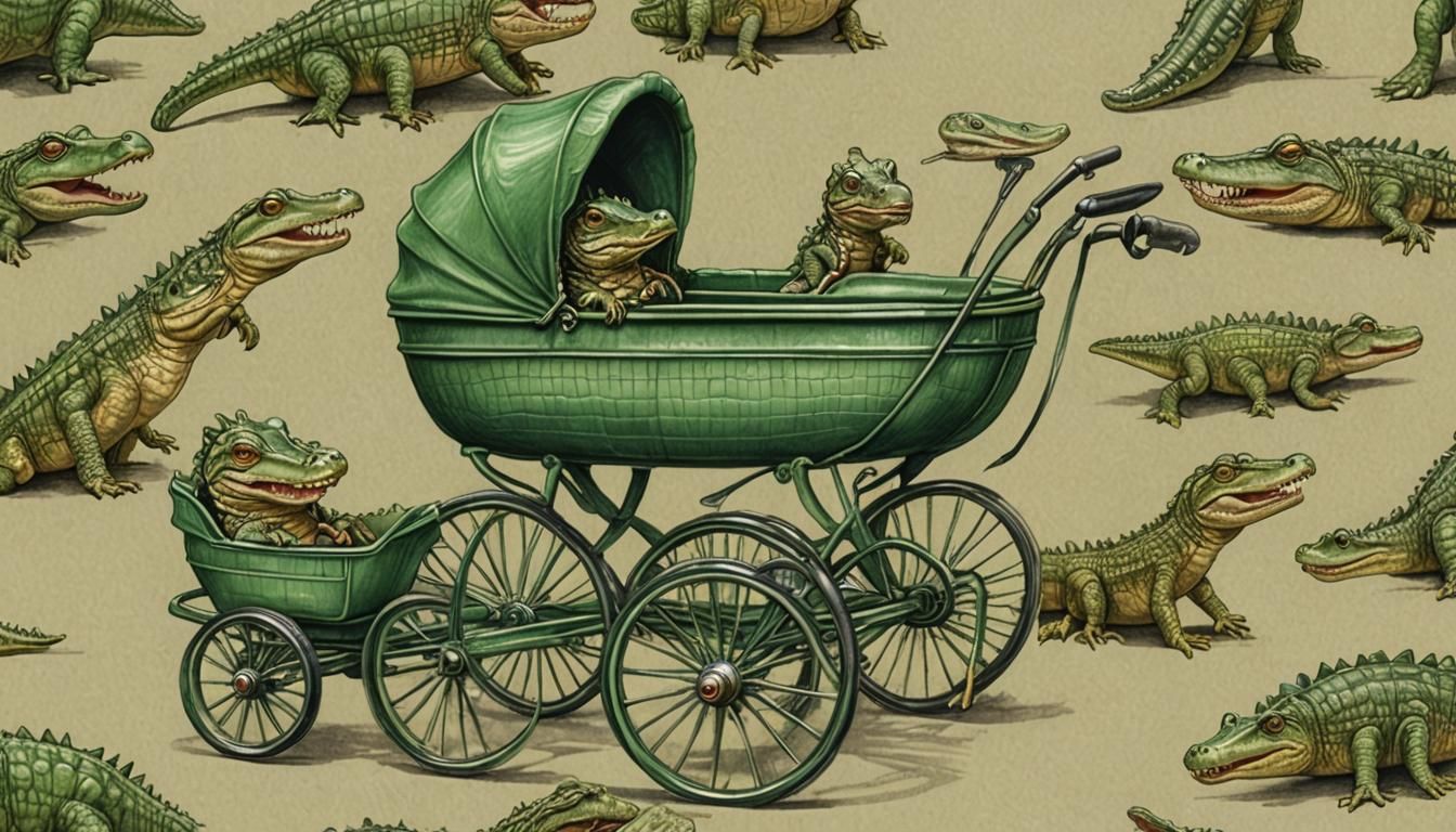 Cute Baby Crocodiles in Carriage: Colored Pencil Sketch