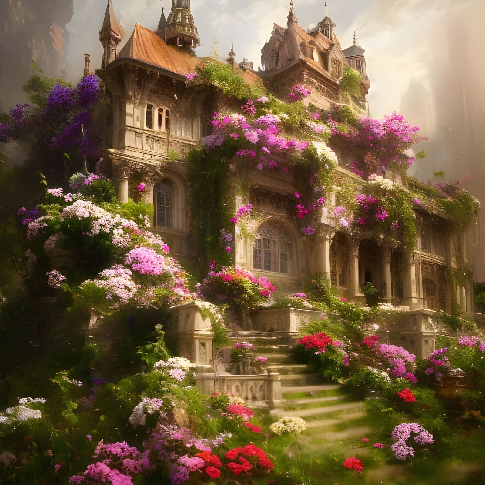 Floral Castle: A Hyper-Detailed Oil Painting