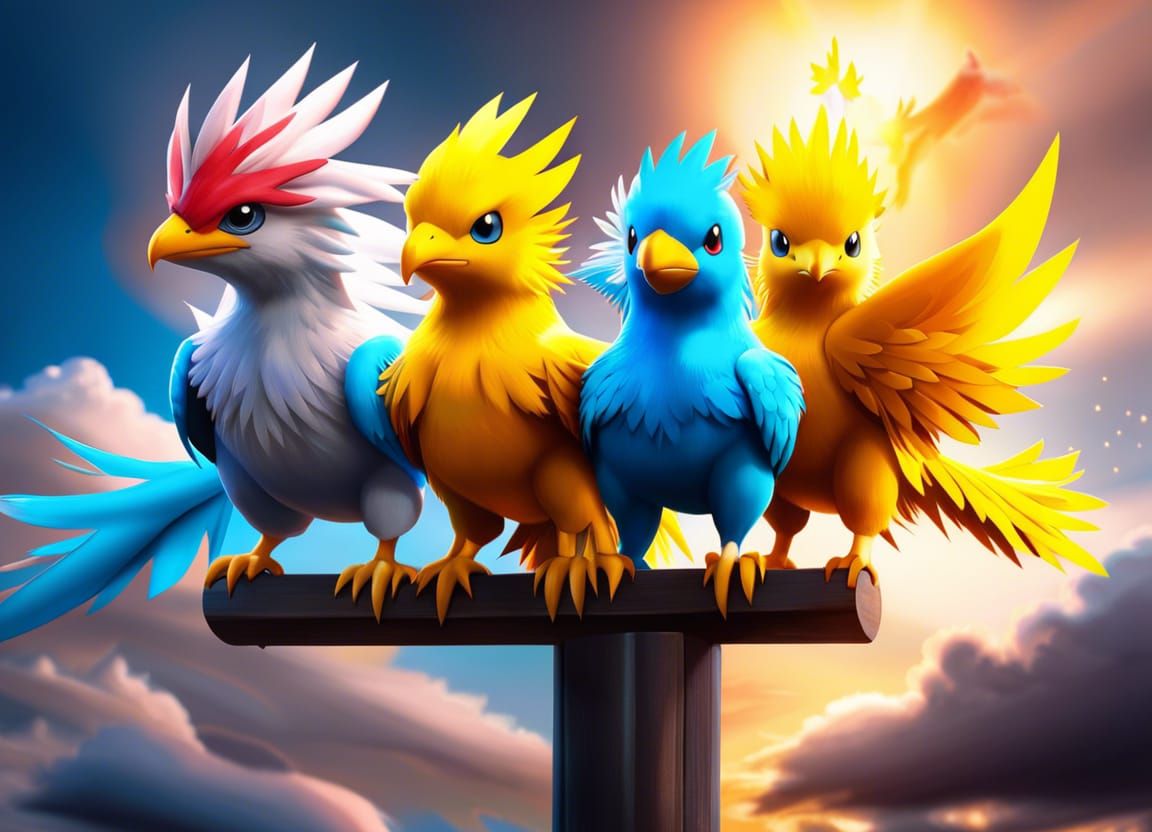 all three adorable cute Moltres, Articuno and Zapdos Pokémon