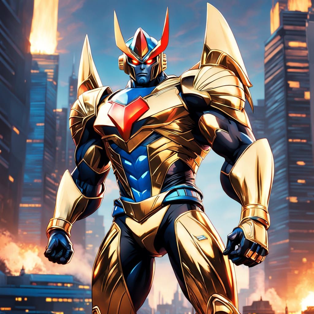 Goldorak in City: Comic Book Style Sci-Fi Illustration