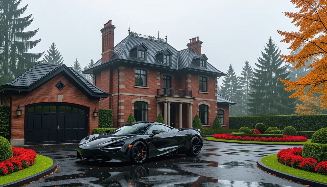 Victorian Chateau with McLaren in Misty Autumn Landscape