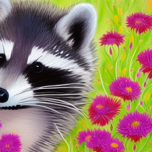 Friendly Raccoon in Flower Meadow, Gouache Painting