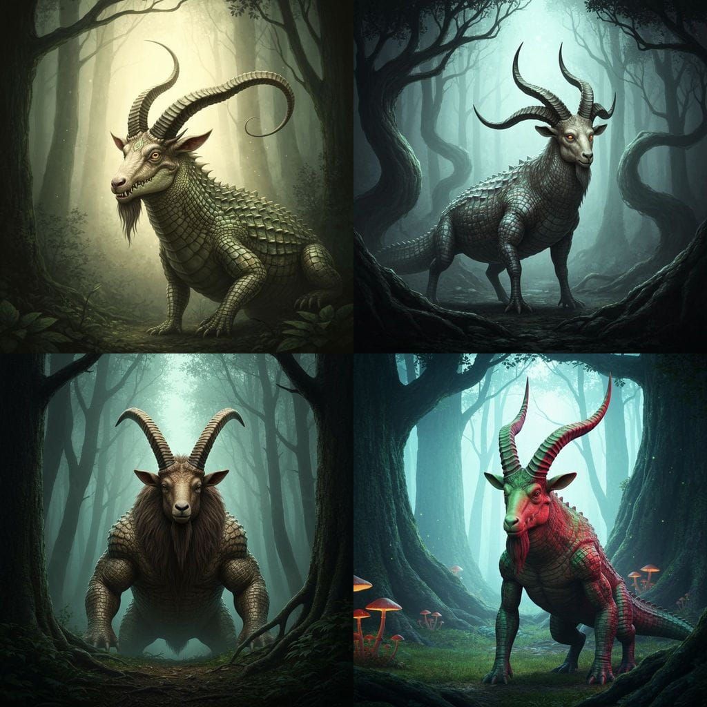 Mythical Goat-Alligator Hybrid with Spiked Horns