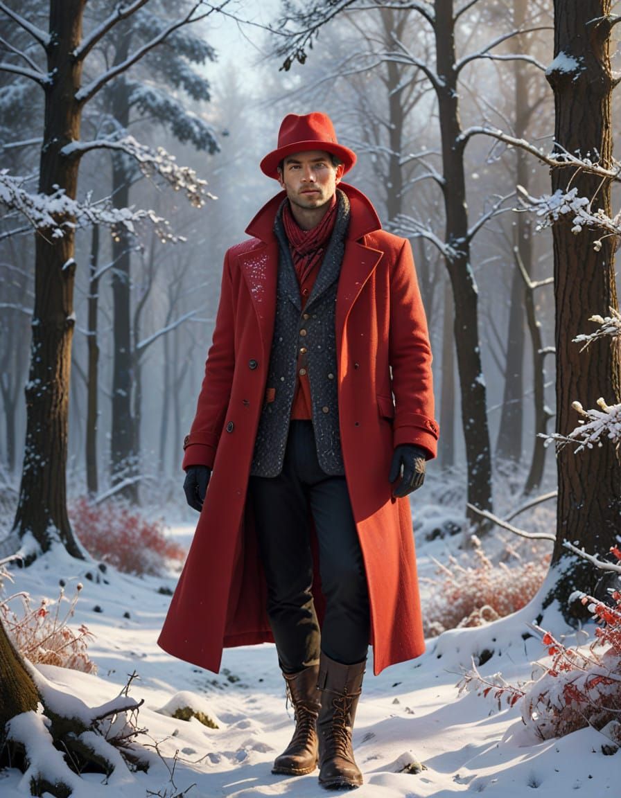 Vibrant Winter Explorer in a Serene Snowy Forest