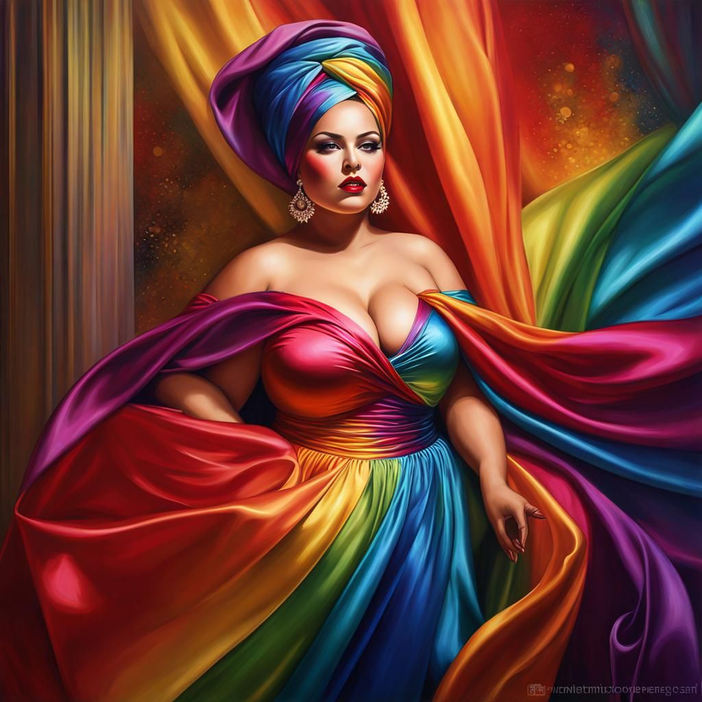Rainbow Satin Fashion: Vivid Oil Painting of BBW Woman