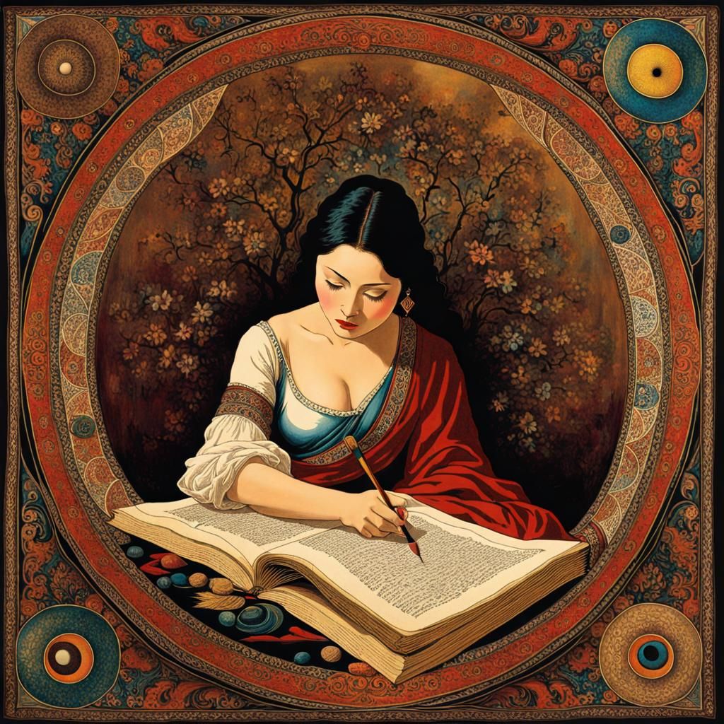 Poet Maiden Writing: Decalcomania Poster Art