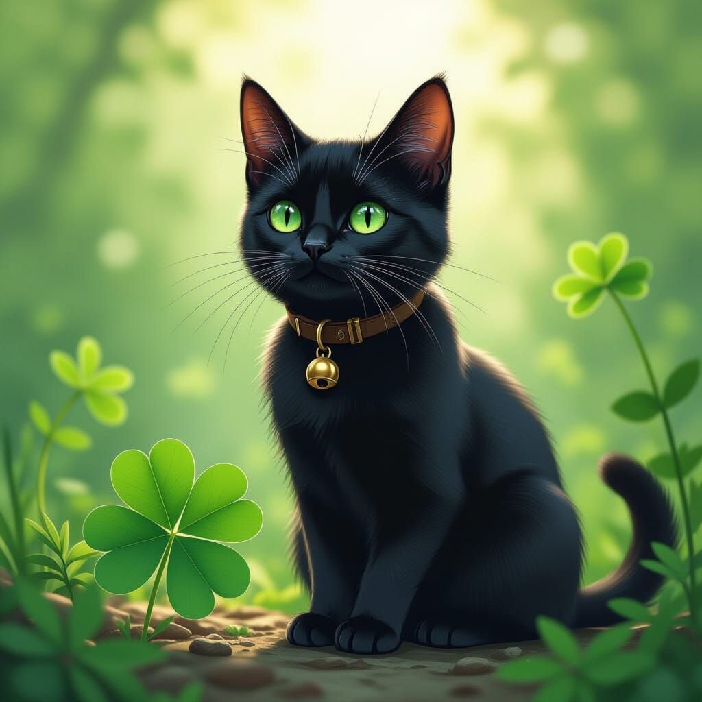 Black Cat and Four-Leaf Clover in Comic Style