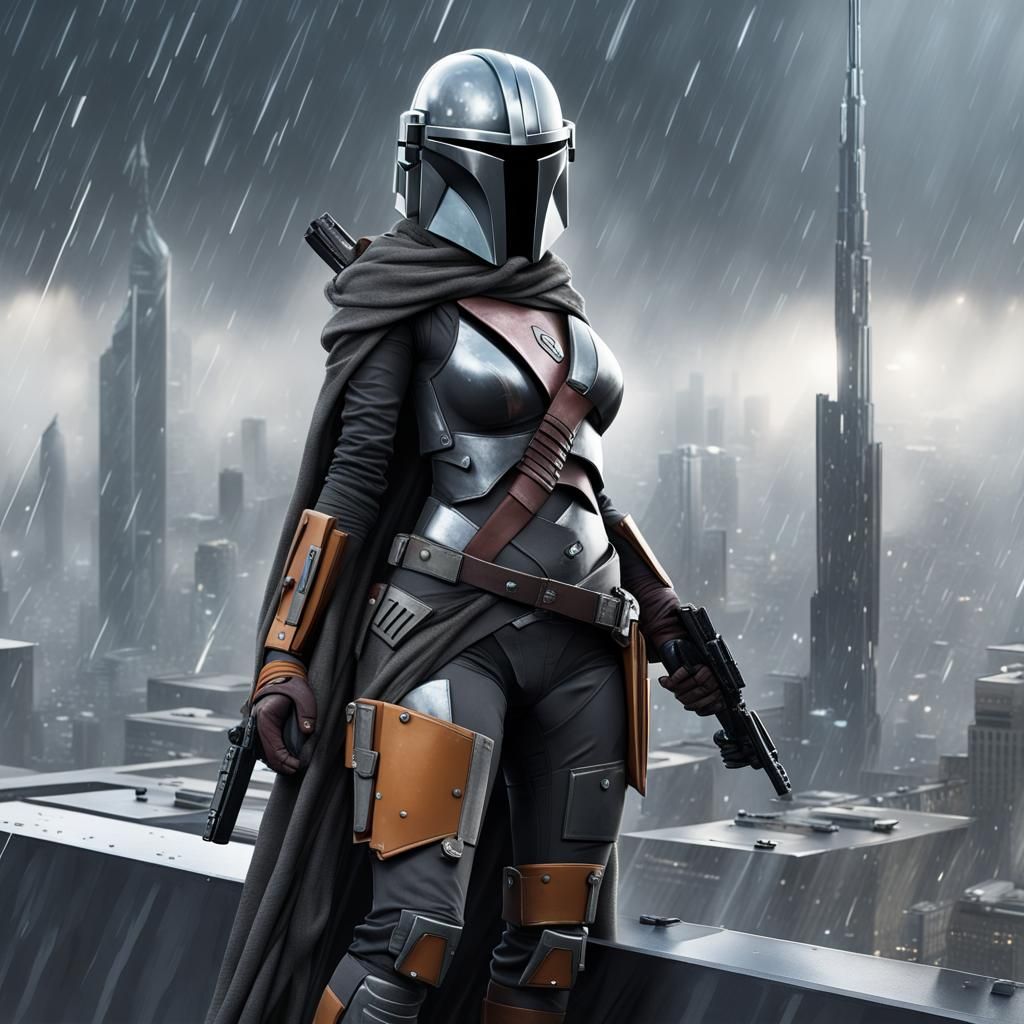 A female Elite Mandalorian sniper wearing a gunmetal gray ra...