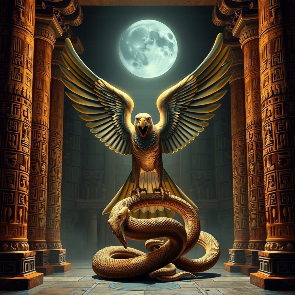 Ancient Egyptian Falcon God Triumphant Over Serpent in Art D...