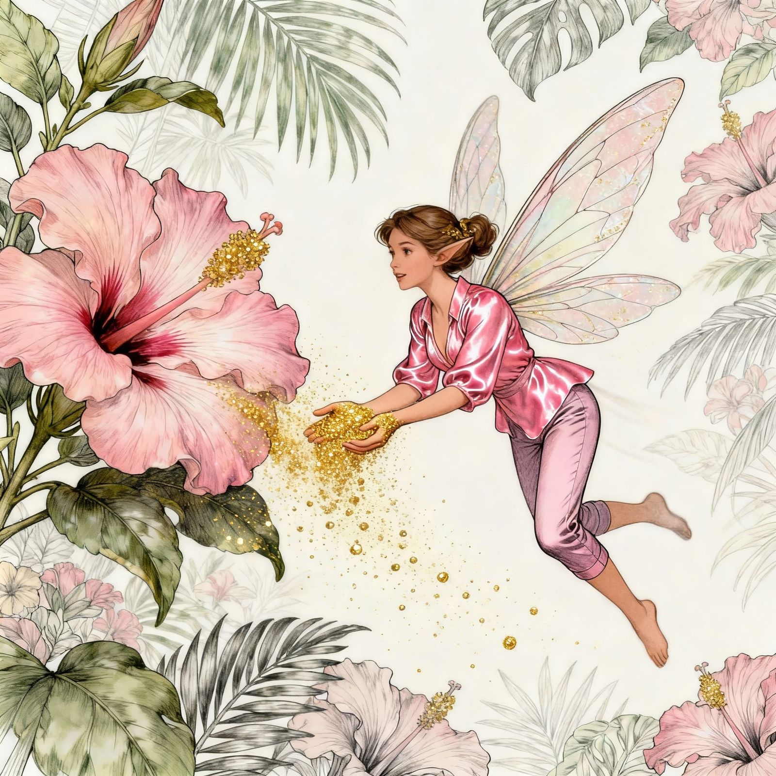 Pixie Flying From Hibiscus in Detailed Fantasy Art
