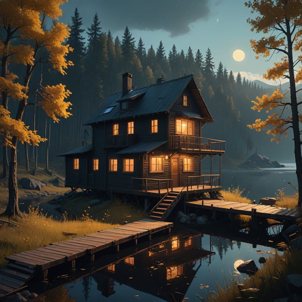 Mysterious Cabin Amidst Glowing Fireflies in Moody Lake Atmo...