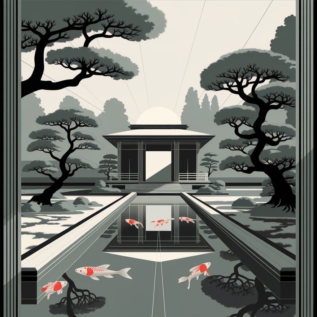 Art Deco Japanese Garden Illustration
