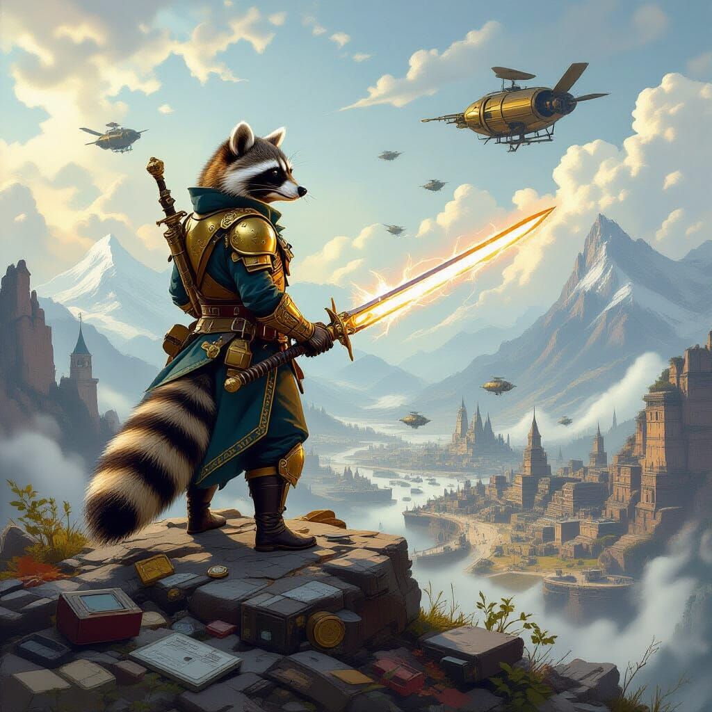 Raccoon General Overlooks Steampunk Battlefield
