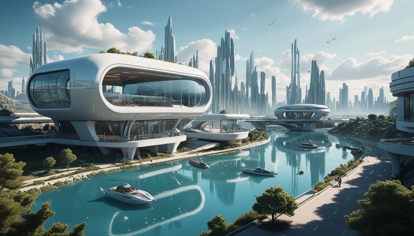 Futuristic City on Water with Elevated Roads