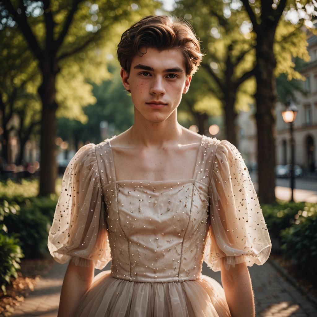 Young Man in Elegant Tulle Prom Dress
