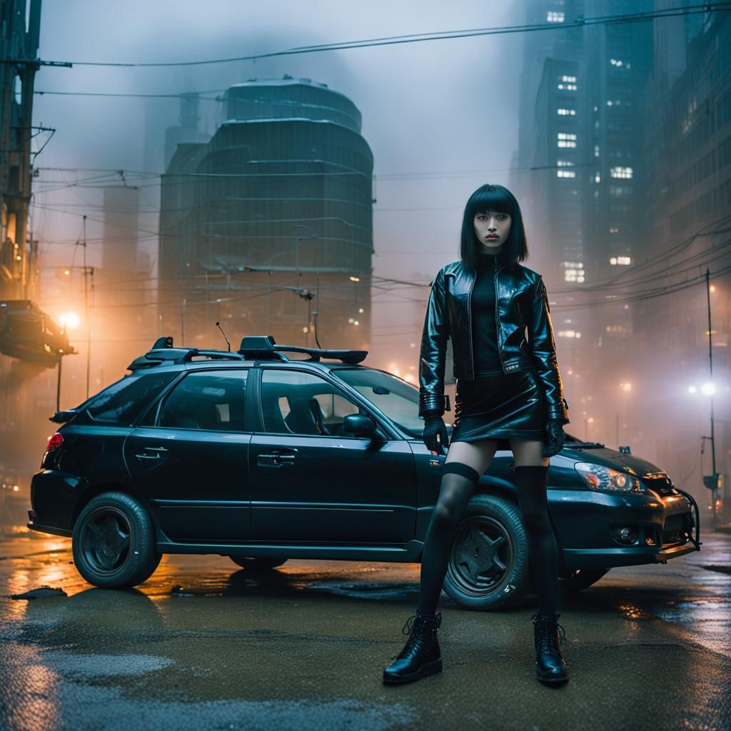 Cyberpunk Yakuza Girl with Subaru in Futuristic City