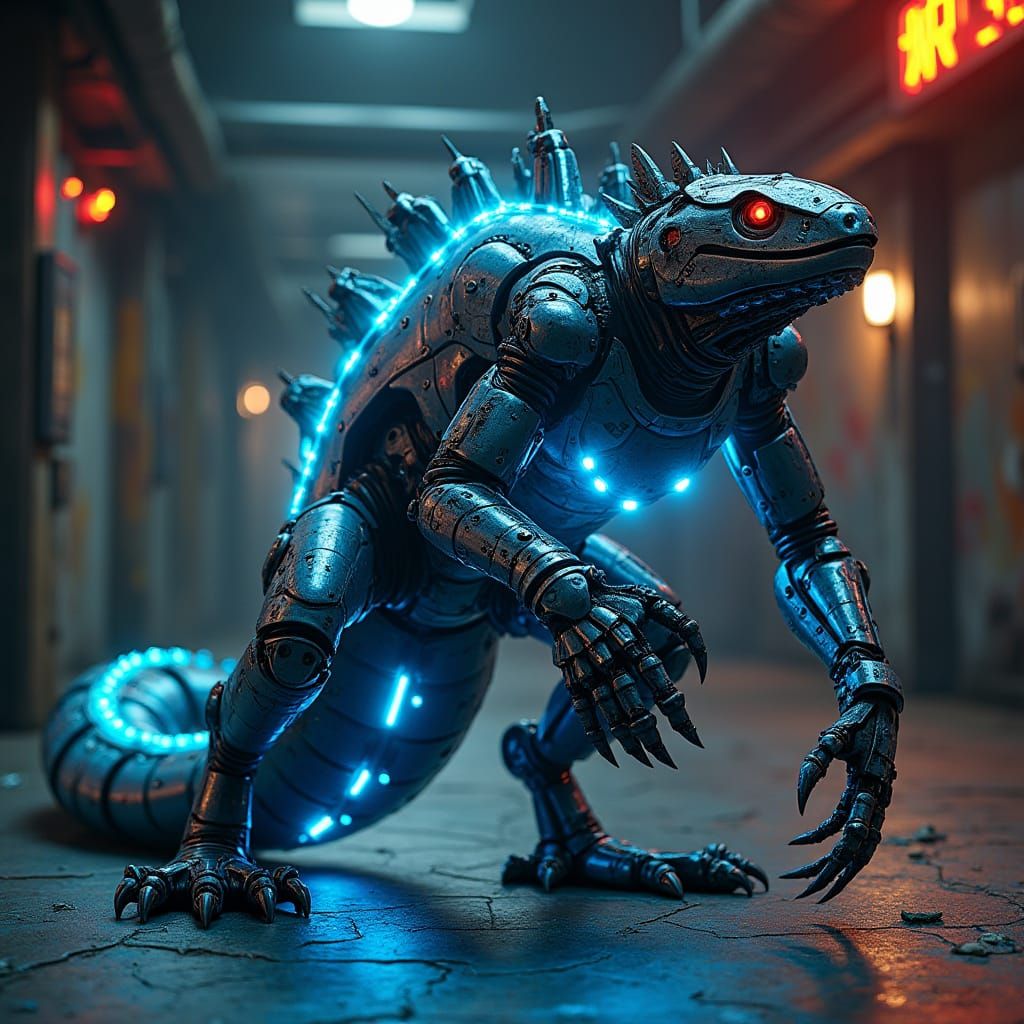 Cyberpunk Robot Reptile in Dark Industrial Setting