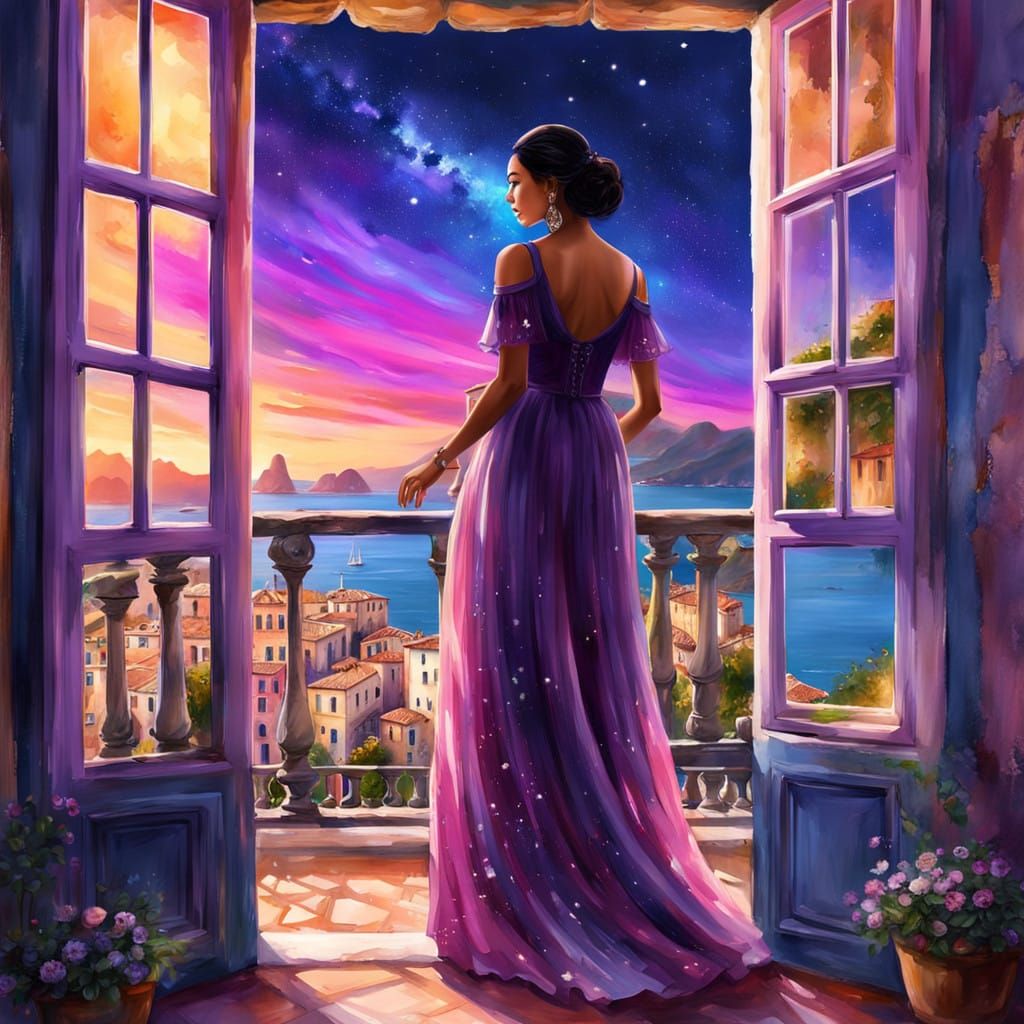 Romantic Italian Seaside Scene in Watercolor Style