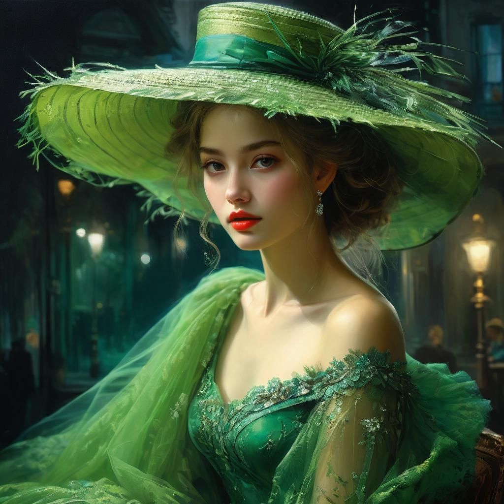 Woman in Green Tulle Hat: Fine Art Portrait