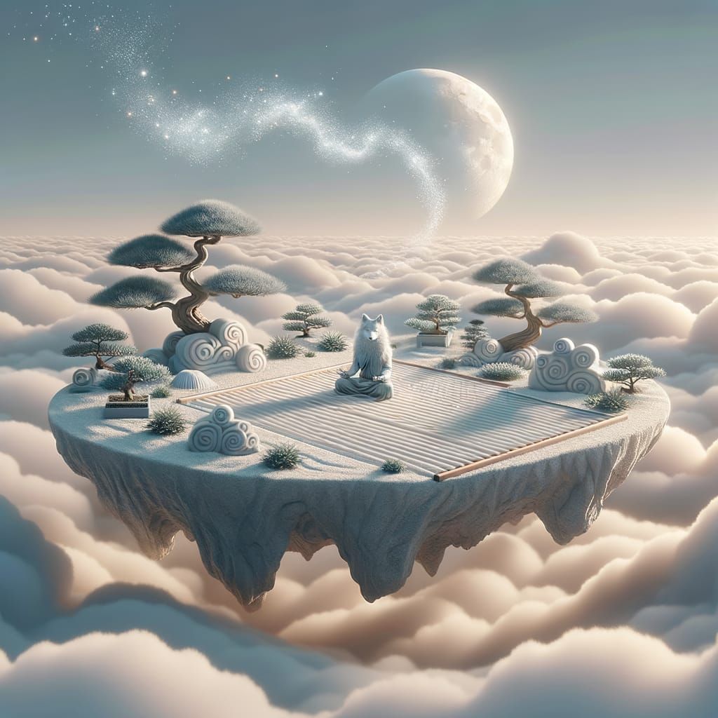 Zen Garden in the Clouds with Meditating Wolf