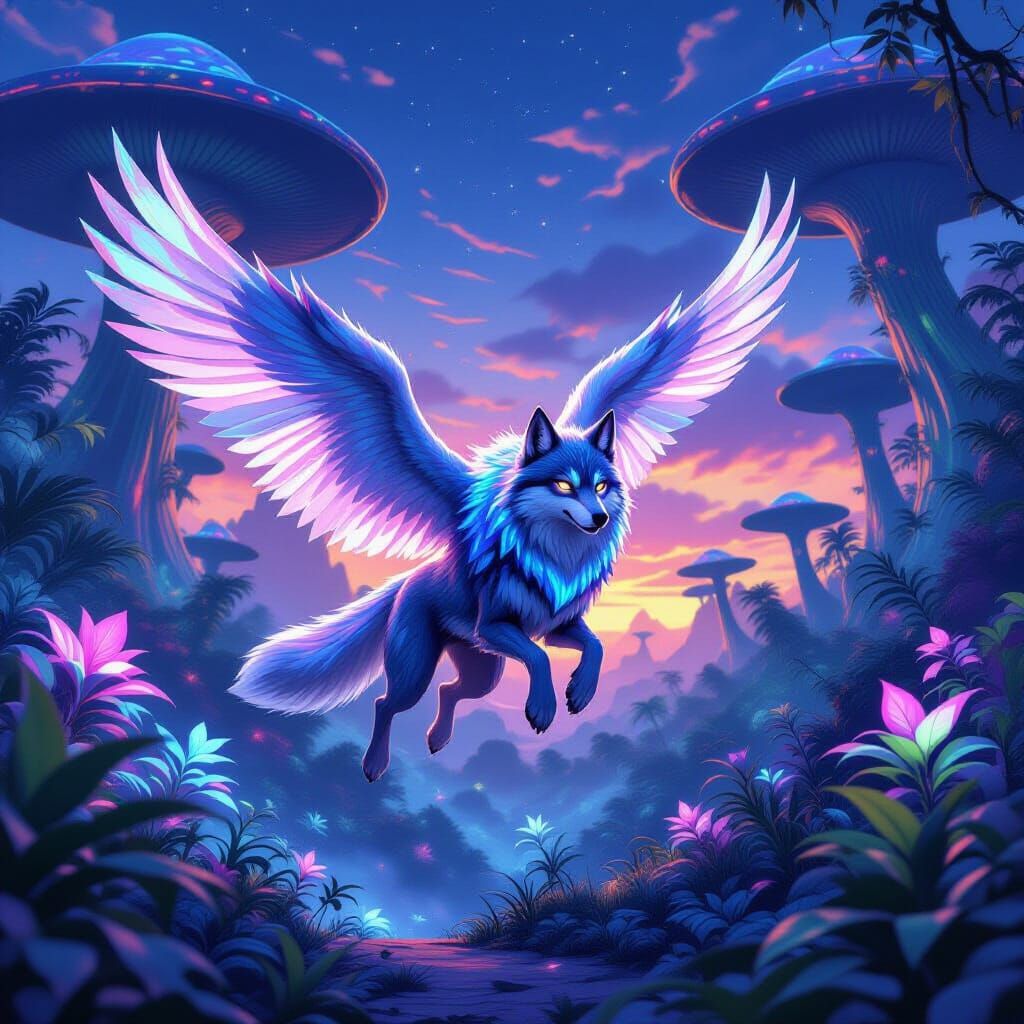 Winged Wolf Soaring Through Alien Jungle as Digital Art