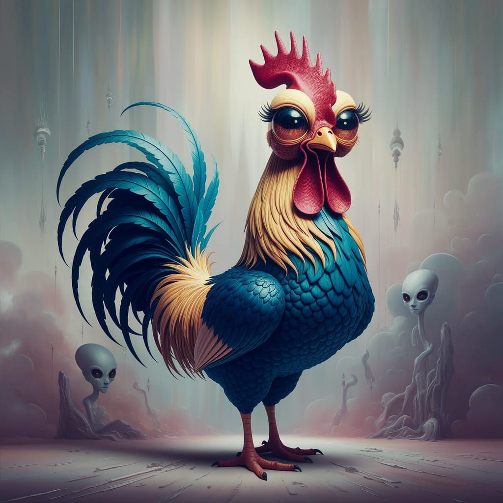 Surreal Whimsical Rooster in Dreamlike Landscape