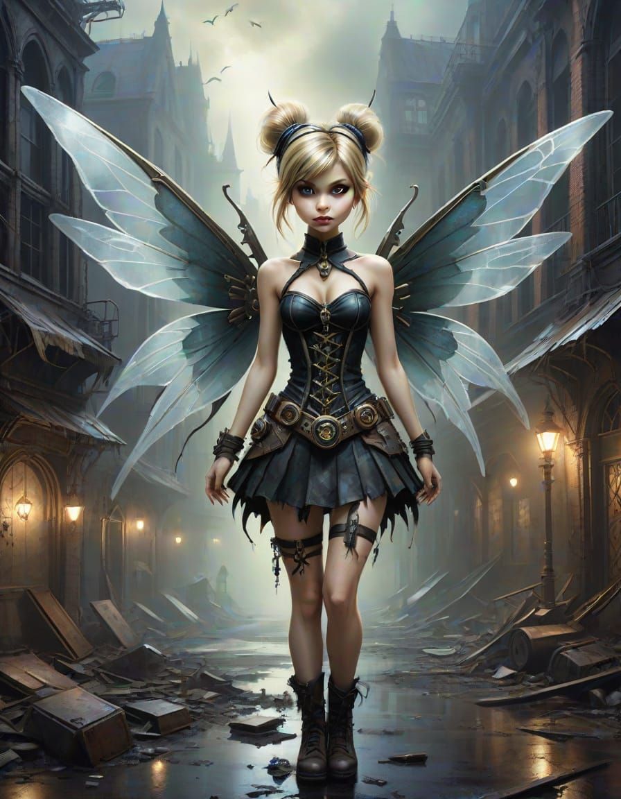 Dark Fantasy Tinkerbell in Post-Apocalyptic City