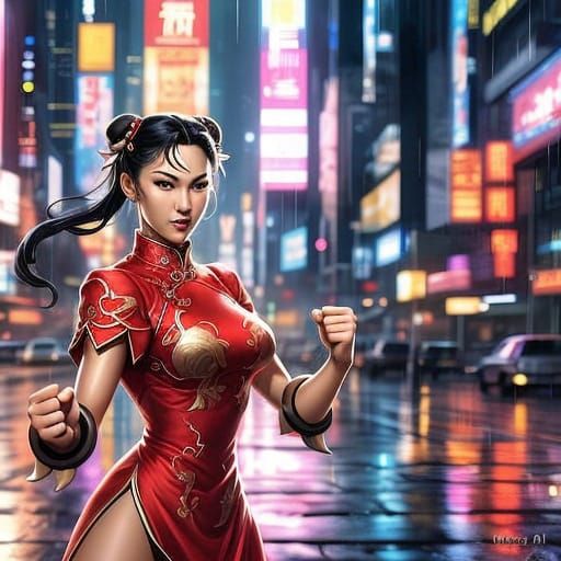 Elegant Martial Artist in Golden Embroidered Qipao