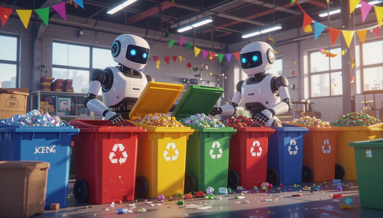Robots Sorting Waste in Recycling Facility, 3D Game Art