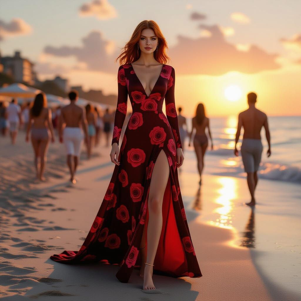 Woman in Red Gown on Crowded Beach at Sunset