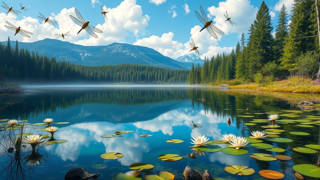 Luminous Forest Oasis with Blooming Water Lilies and Dragonf...