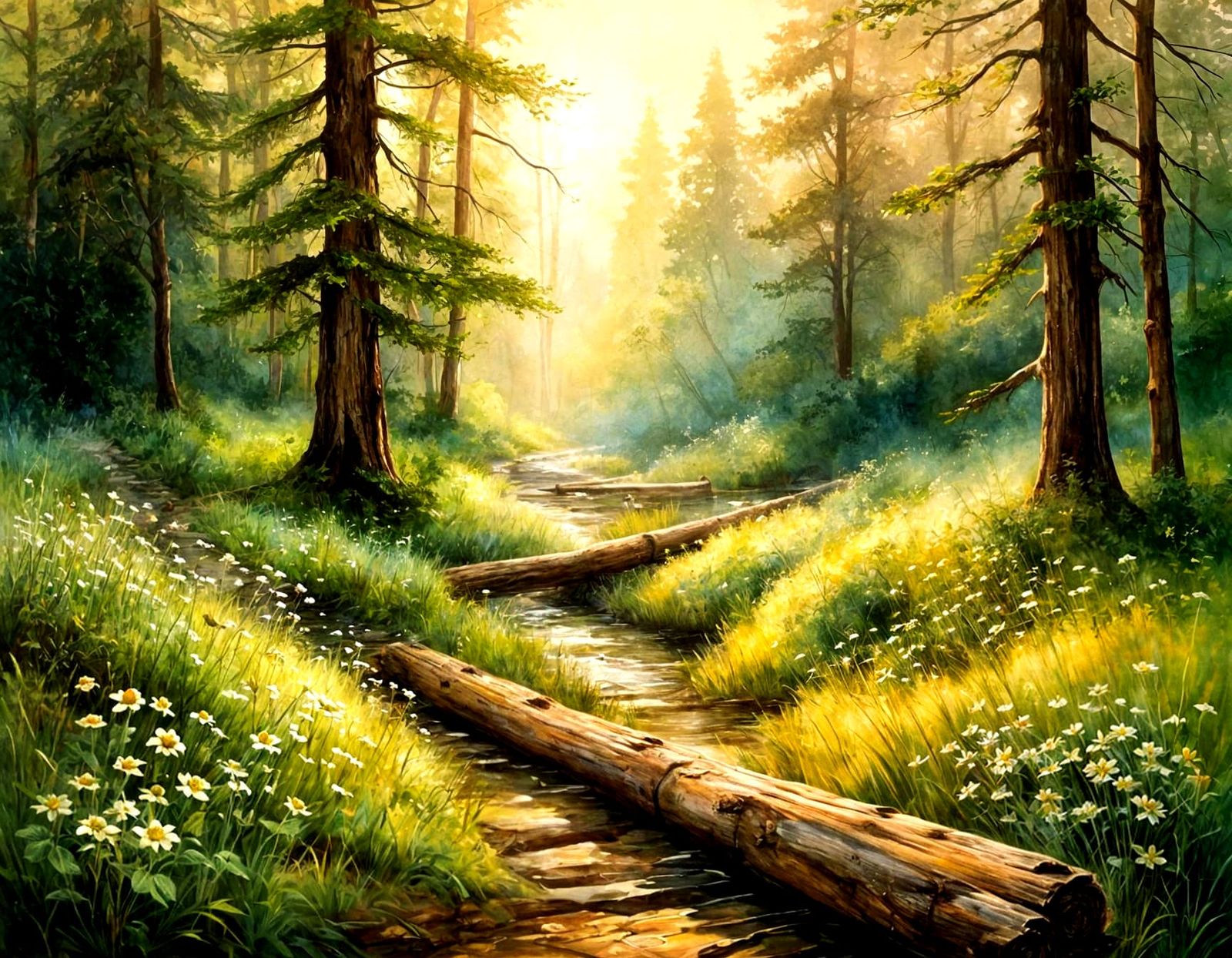 Vintage Watercolor Forest Path with Stream