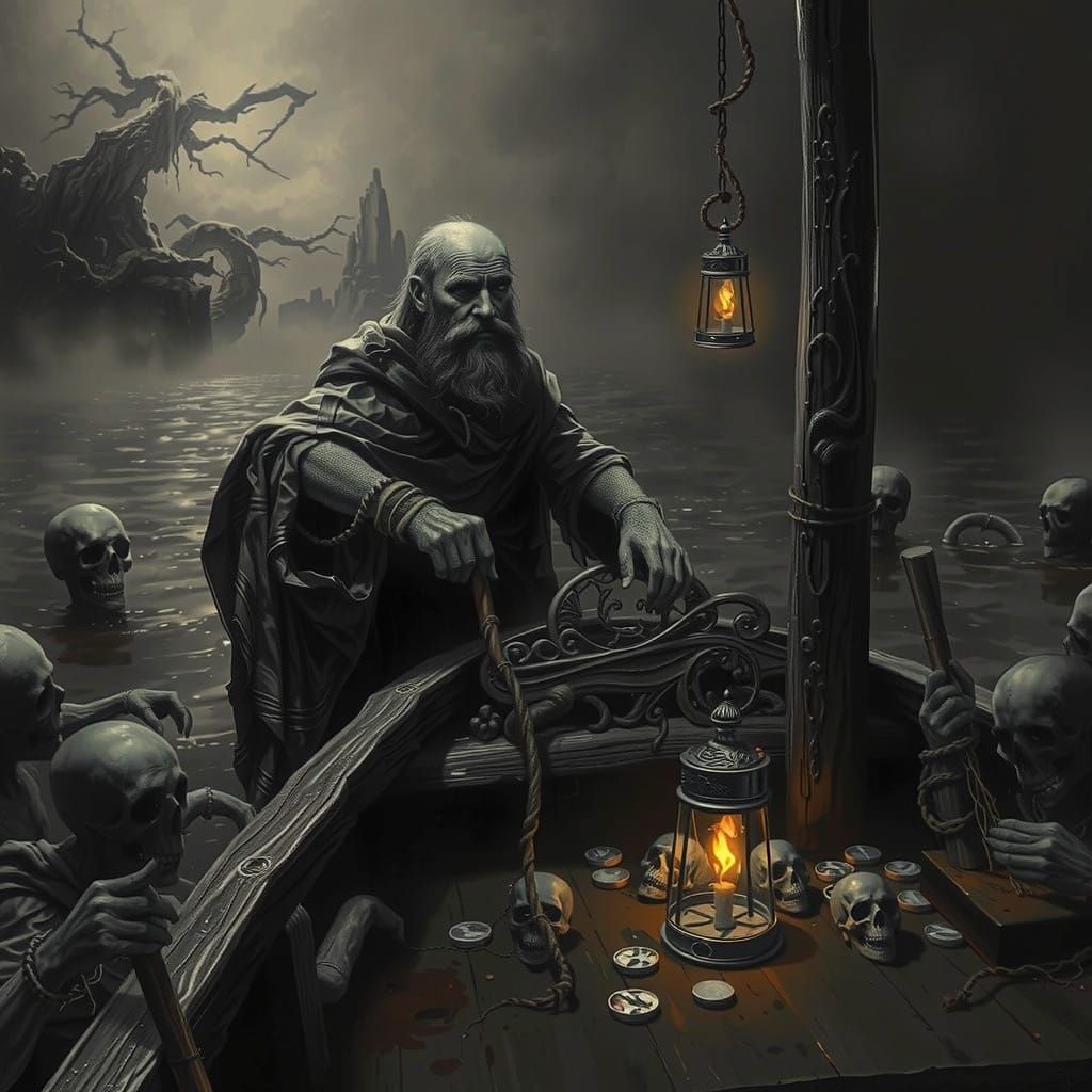 Charon's Haunting Ferry Ride Over the River Styx in Charcoal