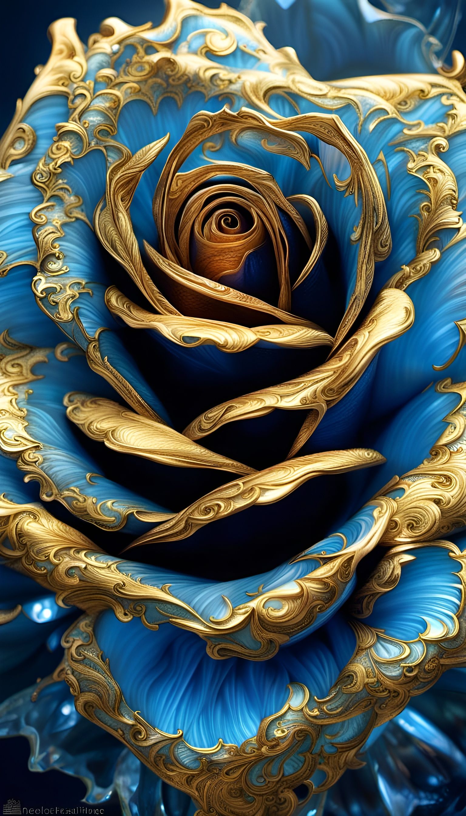 Blue Ice Rose with Gold Fractal Trimming