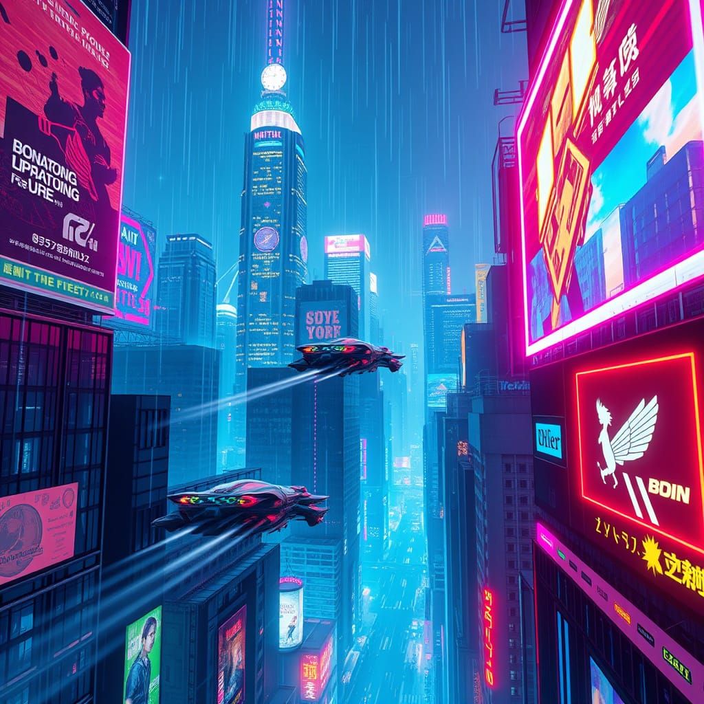 Neon Cyberpunk Cityscape with Digital Rain and Flying Cars