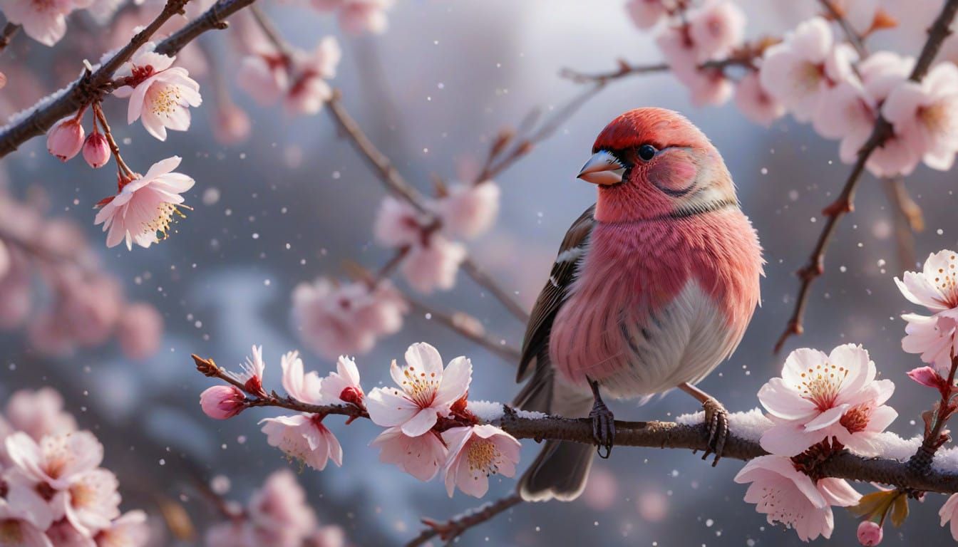 Ethereal Rose Finch Perched on Snowy Sakura Branch