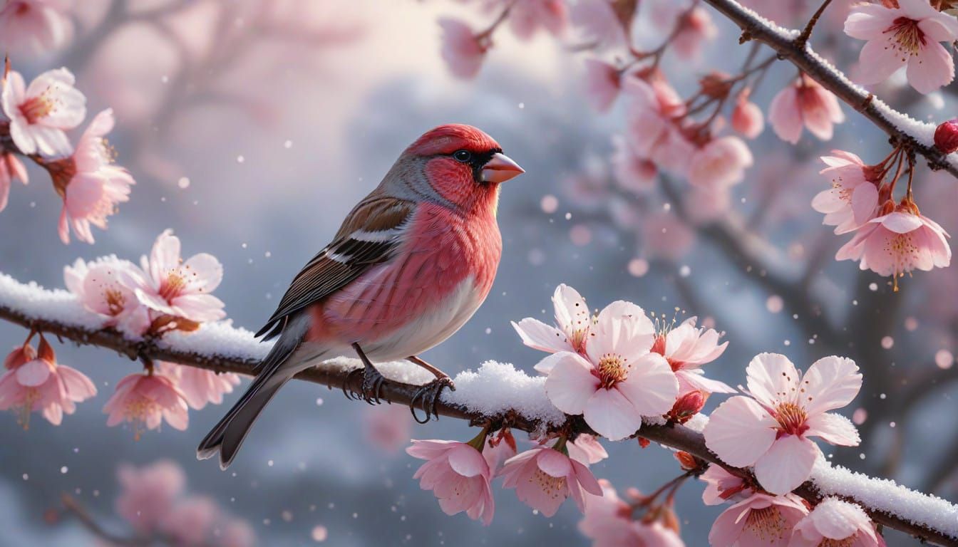 Ethereal Rose Finch on Sakura Branch
