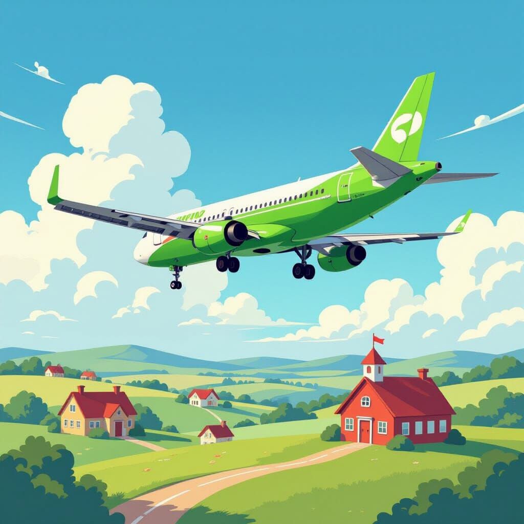 Green SecondAir Plane Flying Over School Landscape
