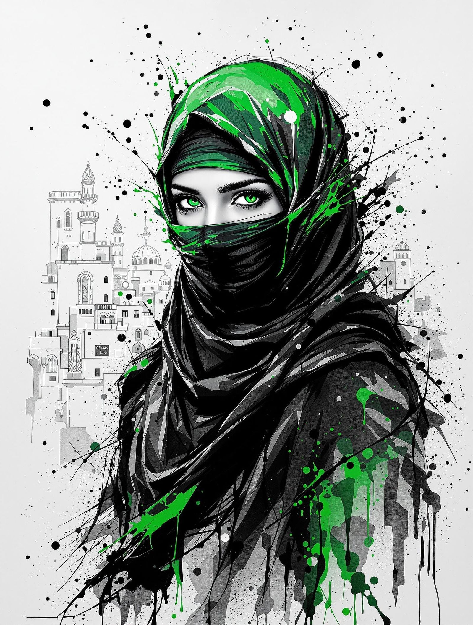 Palestinian Woman Portrait in Black and White Ink