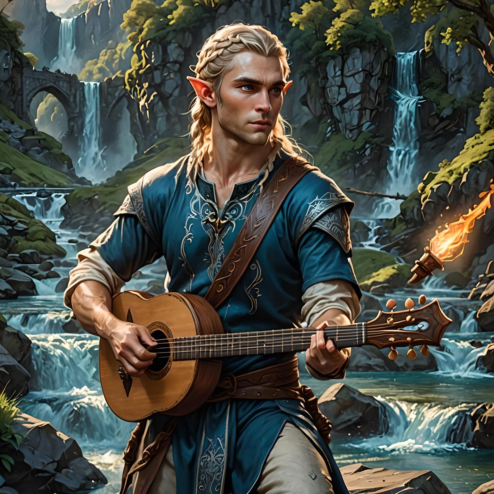 An elven bard plays in his woodland river realm