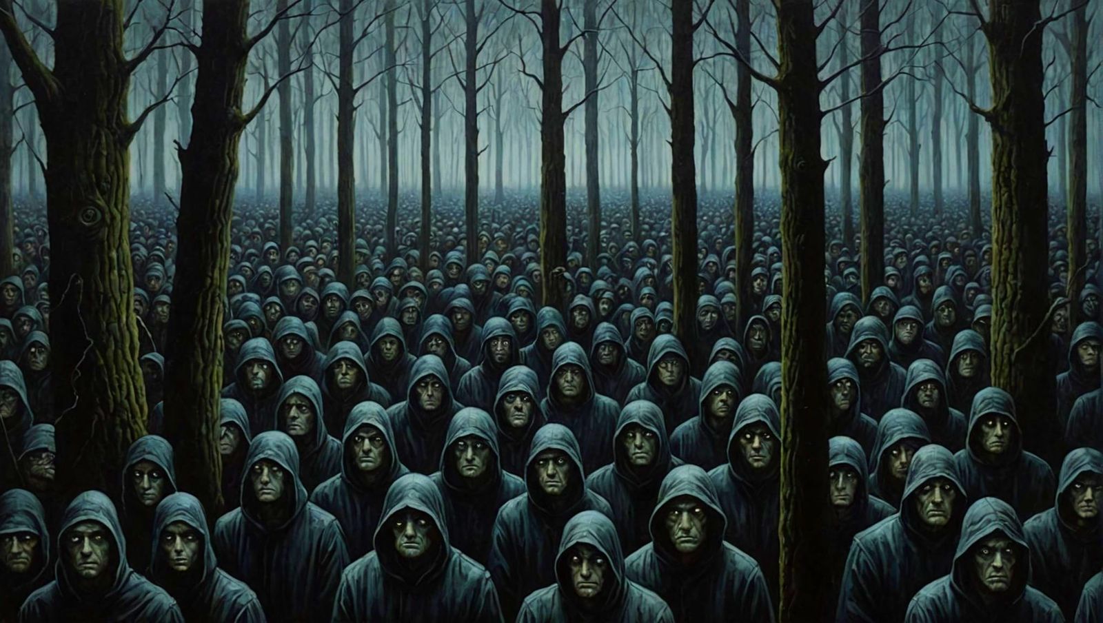 Creepy Forest Crowd Staring Back, Surreal Painting