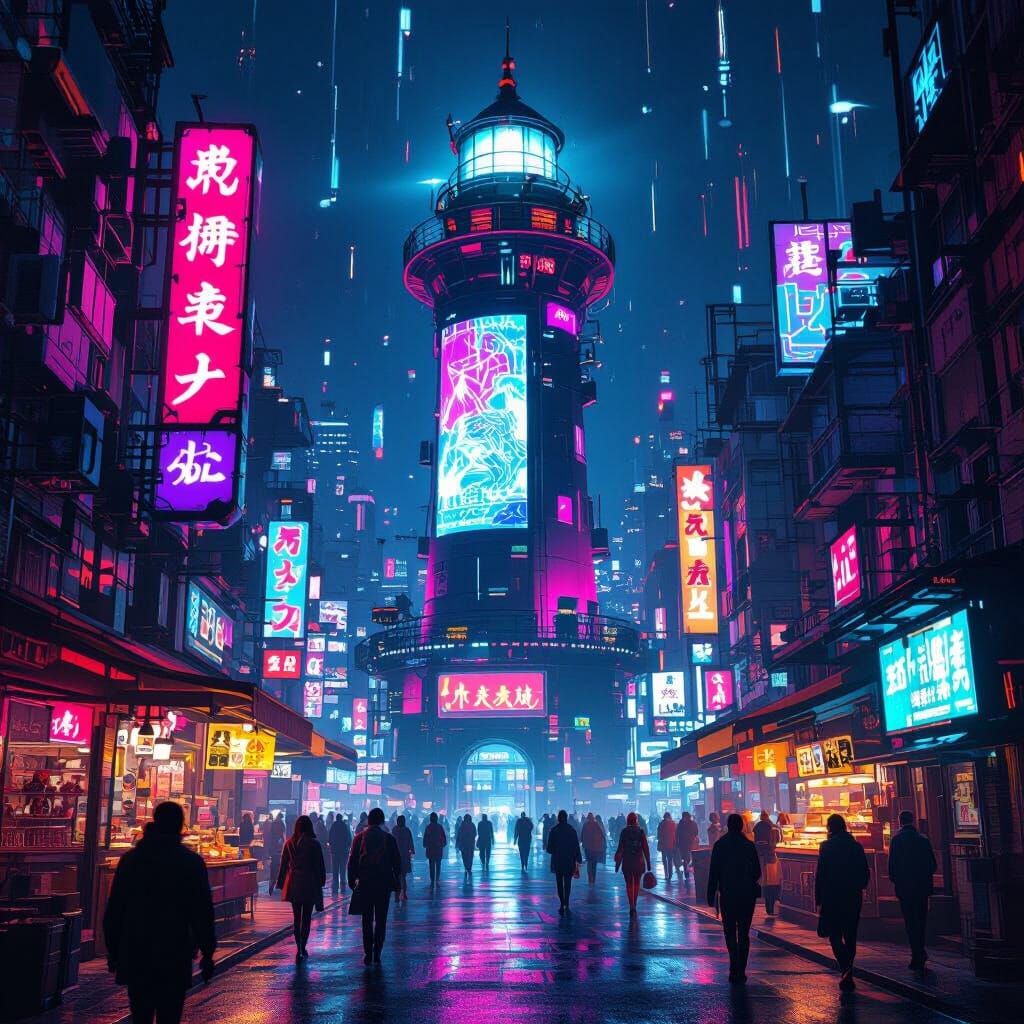 Cyberpunk Lighthouse Casino in Neon Tokyo Alley