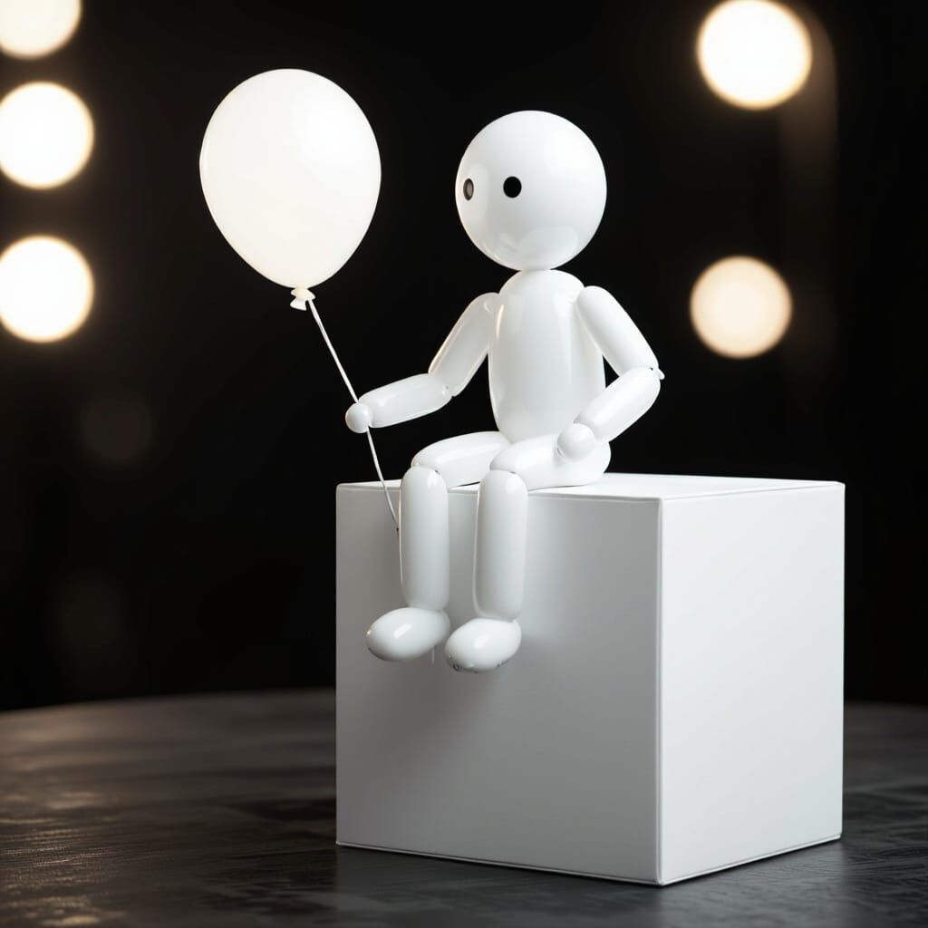 White Balloon Man on Edge of Cube