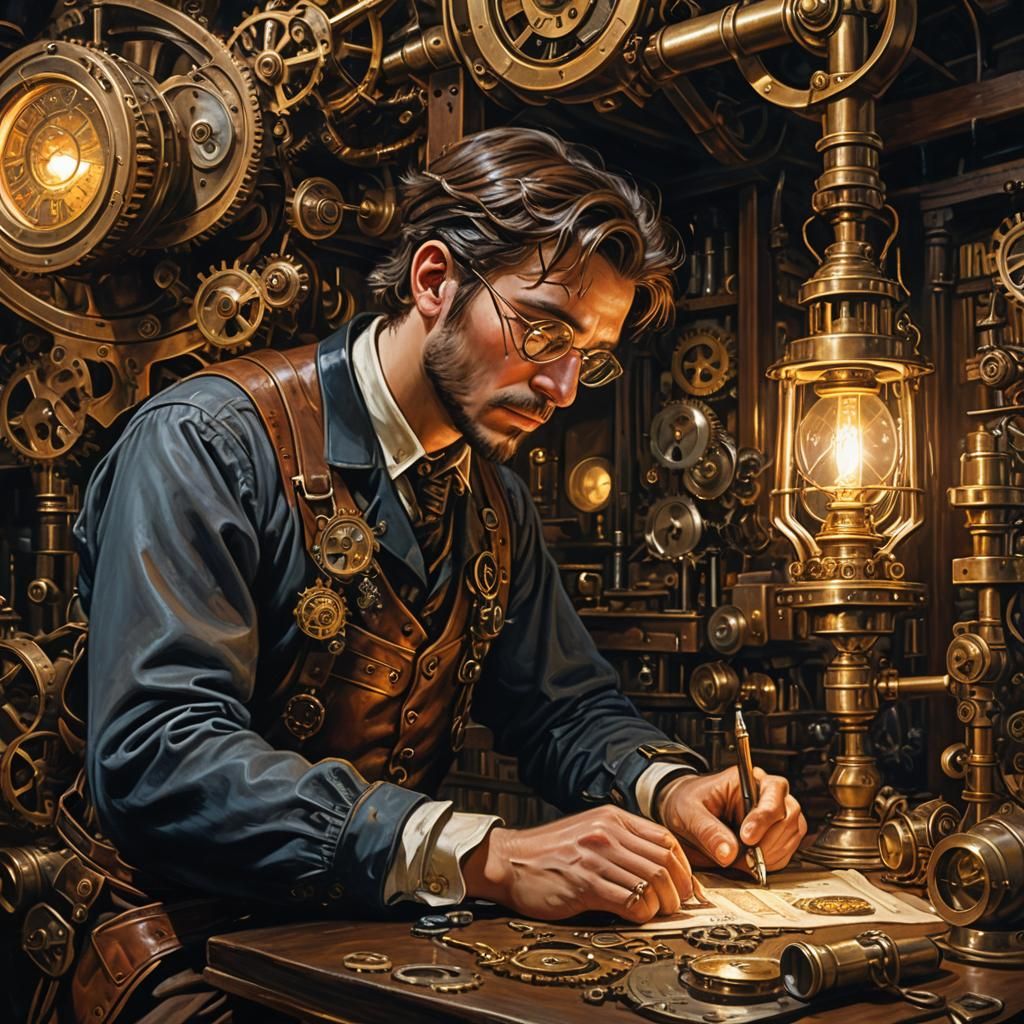 Clockwork Engineer in Steampunk Workshop: Hyperrealistic Oil...