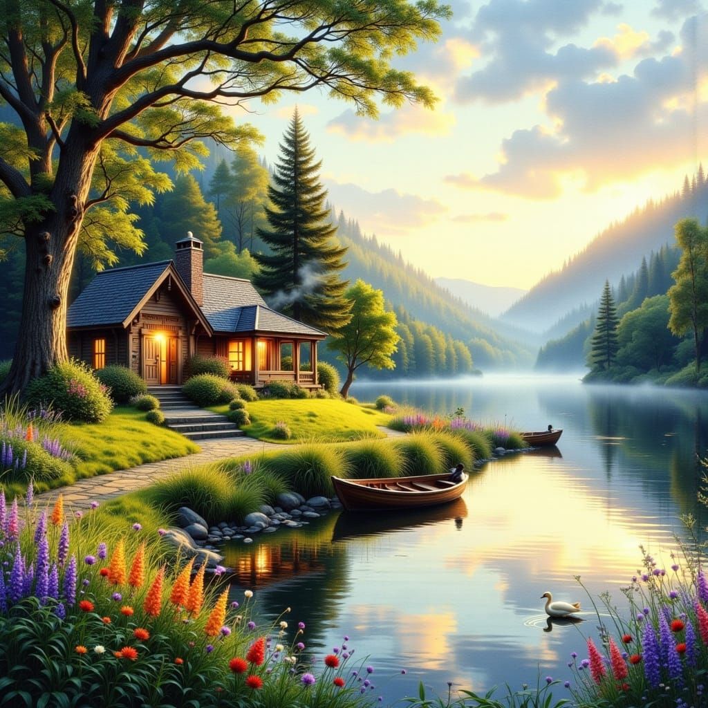 Idyllic Lakeside Cottage in Impressionistic Style