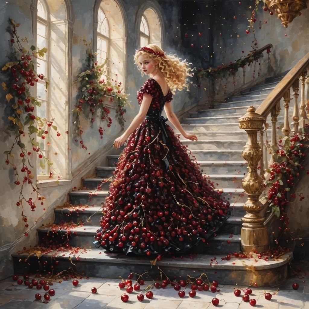 Girl in Cherry Dress on Medieval Staircase